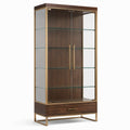 Vitrinenschrank mit 2 Glastüren, 4 Glasböden und Schublade, Dunkelbraun/Gold/Transparent, 100 × 42 × 190 cm