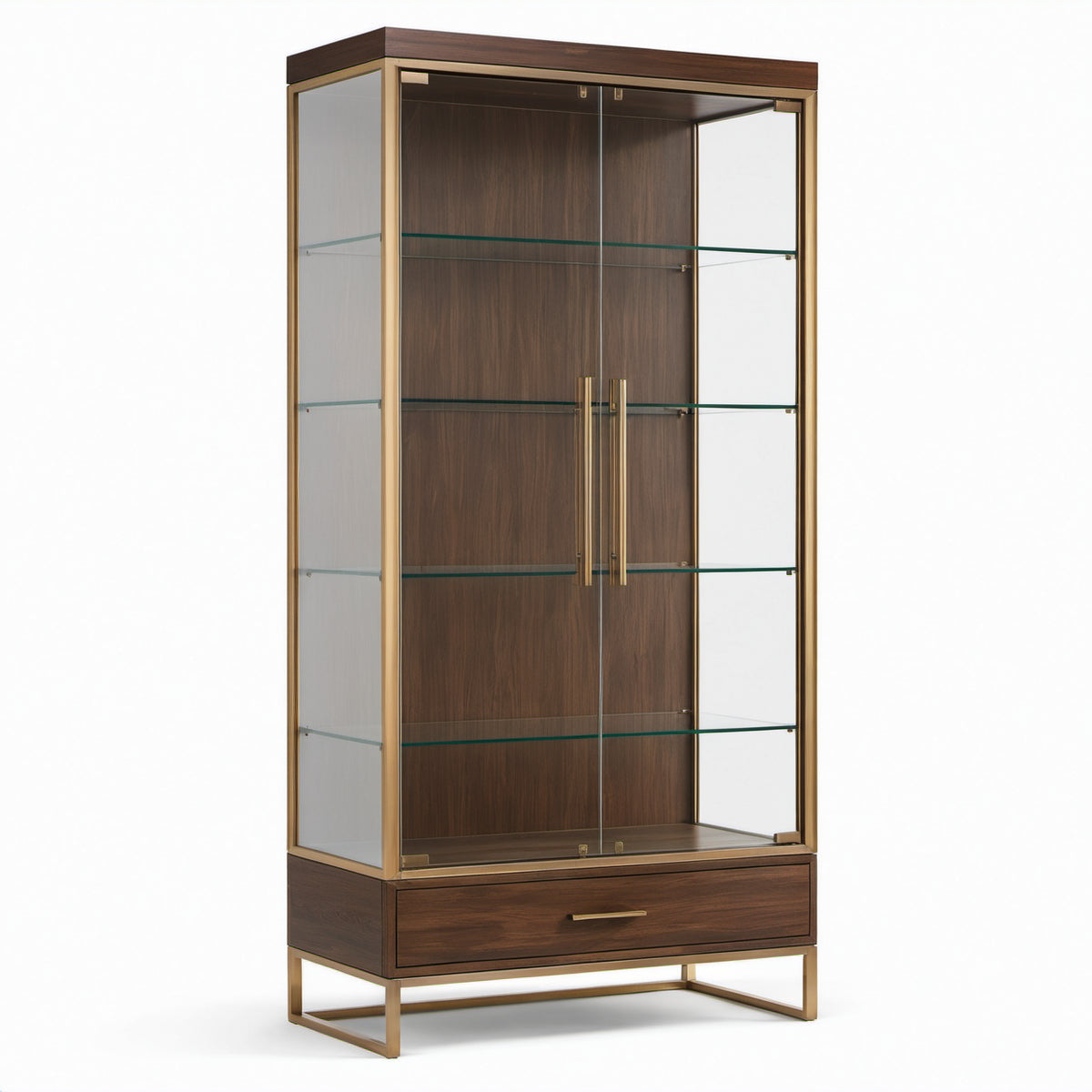 Vitrinenschrank mit 2 Glastüren, 4 Glasböden und Schublade, Dunkelbraun/Gold/Transparent, 100 × 42 × 190 cm