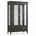 Vitrinenschrank Schwarz und Gold, 110 × 42 × 190 cm, mit 2 Glastüren, Glasböden und 2 Schubladen