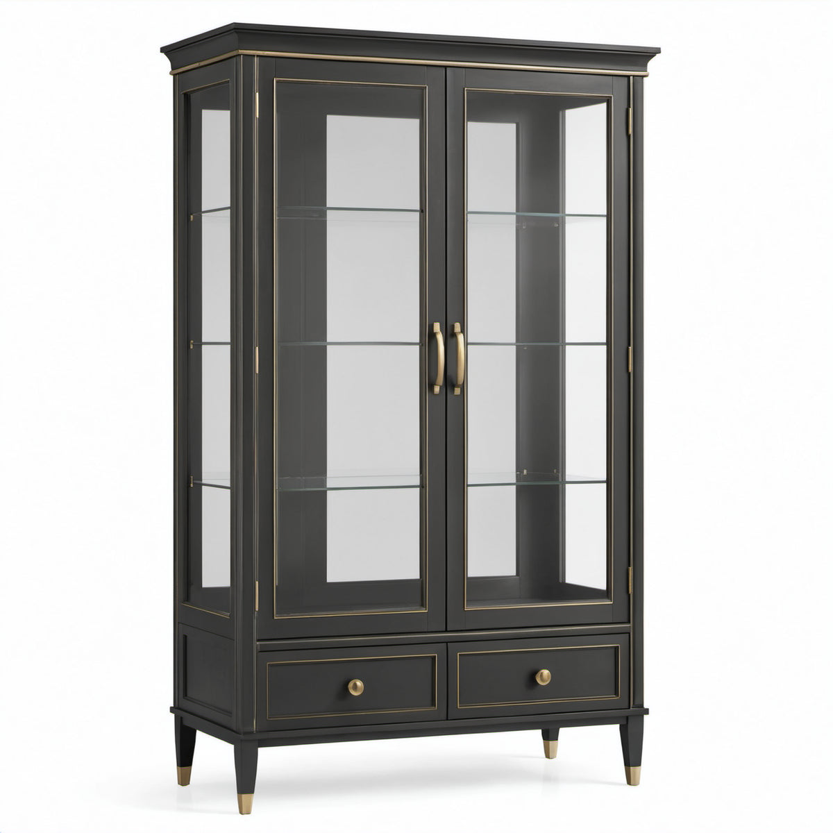 Vitrinenschrank Schwarz und Gold, 110 × 42 × 190 cm, mit 2 Glastüren, Glasböden und 2 Schubladen