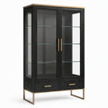 Vitrinenschrank aus Holzwerkstoff, Glas und Metall, Schwarz/Goldfarben/Transparent, 100 × 40 × 180 cm, 2 Türen und 2 Schubladen