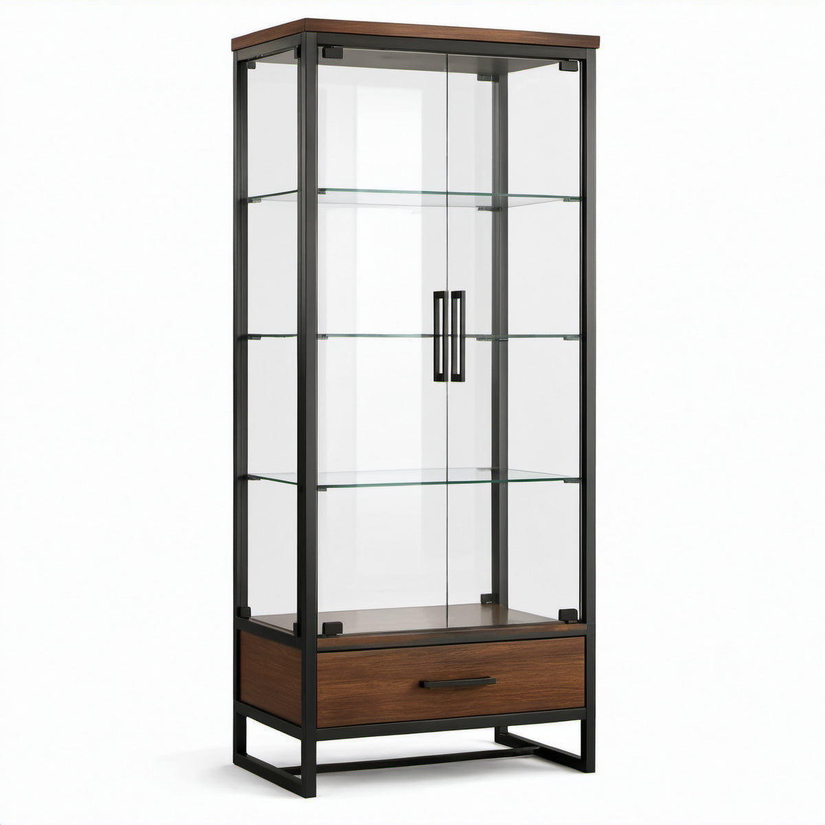 Glasvitrine mit 2 Glastüren, 3 Glasböden und Schublade, 80 × 40 × 180 cm, Braun/Schwarz/Transparent