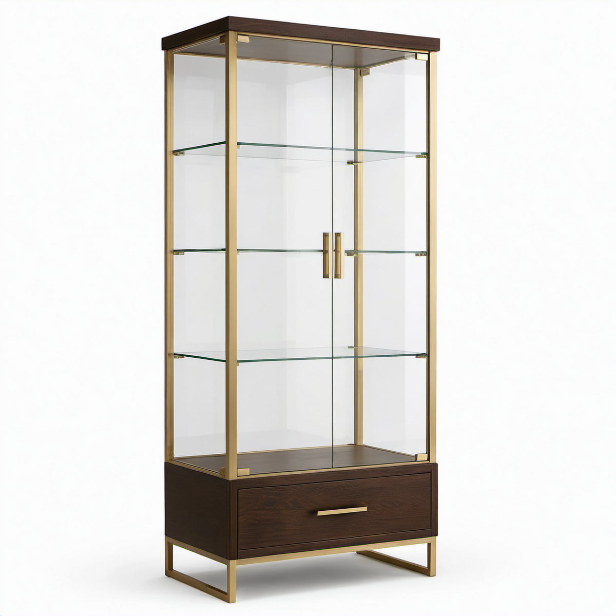 Vitrinenschrank mit 3 Glasböden und Schublade, 85 × 40 × 190 cm, Dunkelbraun/Gold/Transparent