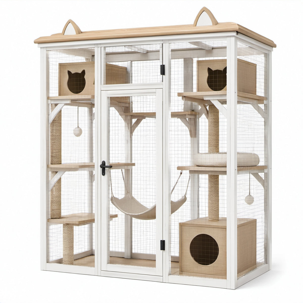 Katzengehege aus Holz und Metallgitter mit Kletterelementen, 180 × 100 × 190 cm, Weiß/Natur/Beige/Schwarz
