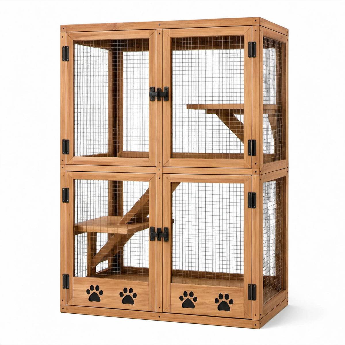 Mehrstöckiges Katzengehege aus Holz und Metallgitter, Braun/Schwarz, 120 × 60 × 170 cm, mit 4 Türen, Plattformen und Rampen
