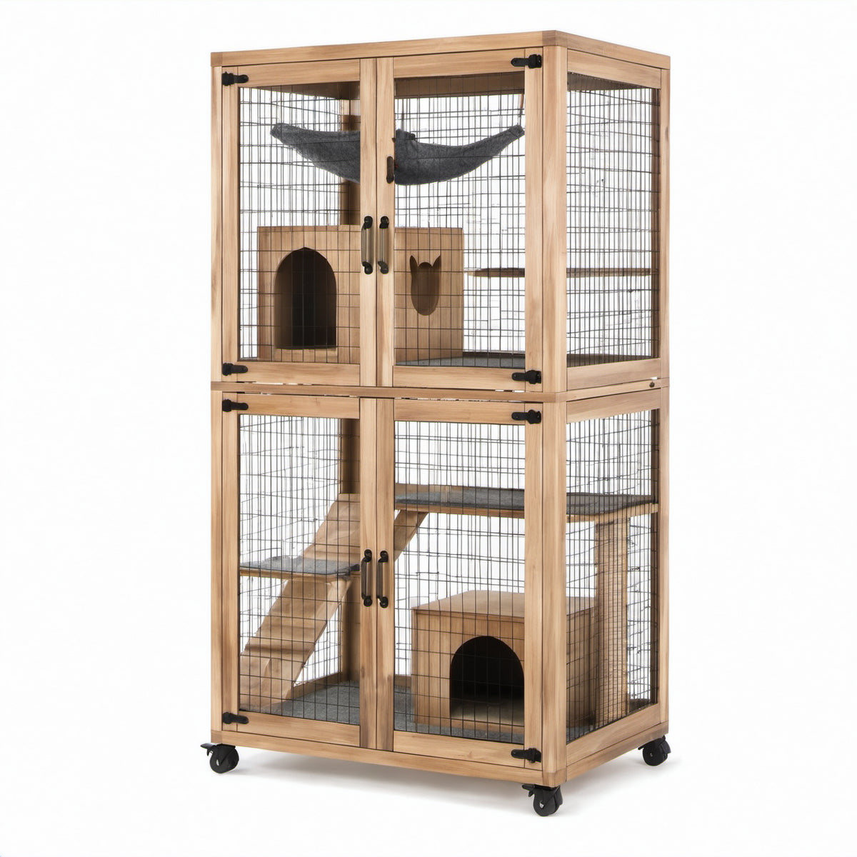Mehrstöckiger Katzenkäfig aus Holz und Metall, 90 × 60 × 170 cm, Natur/Schwarz/Grau, mit Rollen