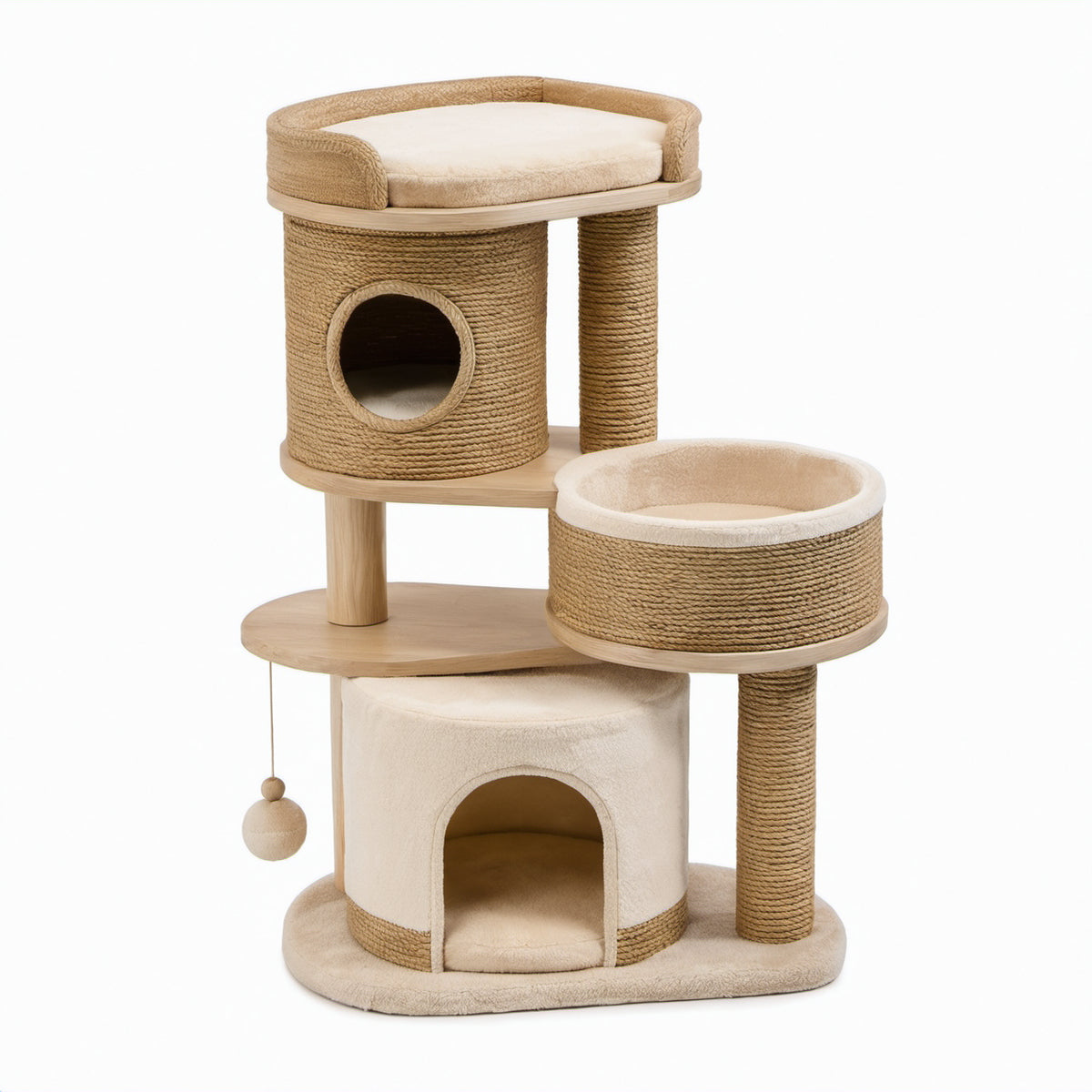 Katzenbaum Beige/Braun, 60 x 45 x 100 cm, mit Sisal-Kratzsäulen, zwei Höhlen und Liegeflächen