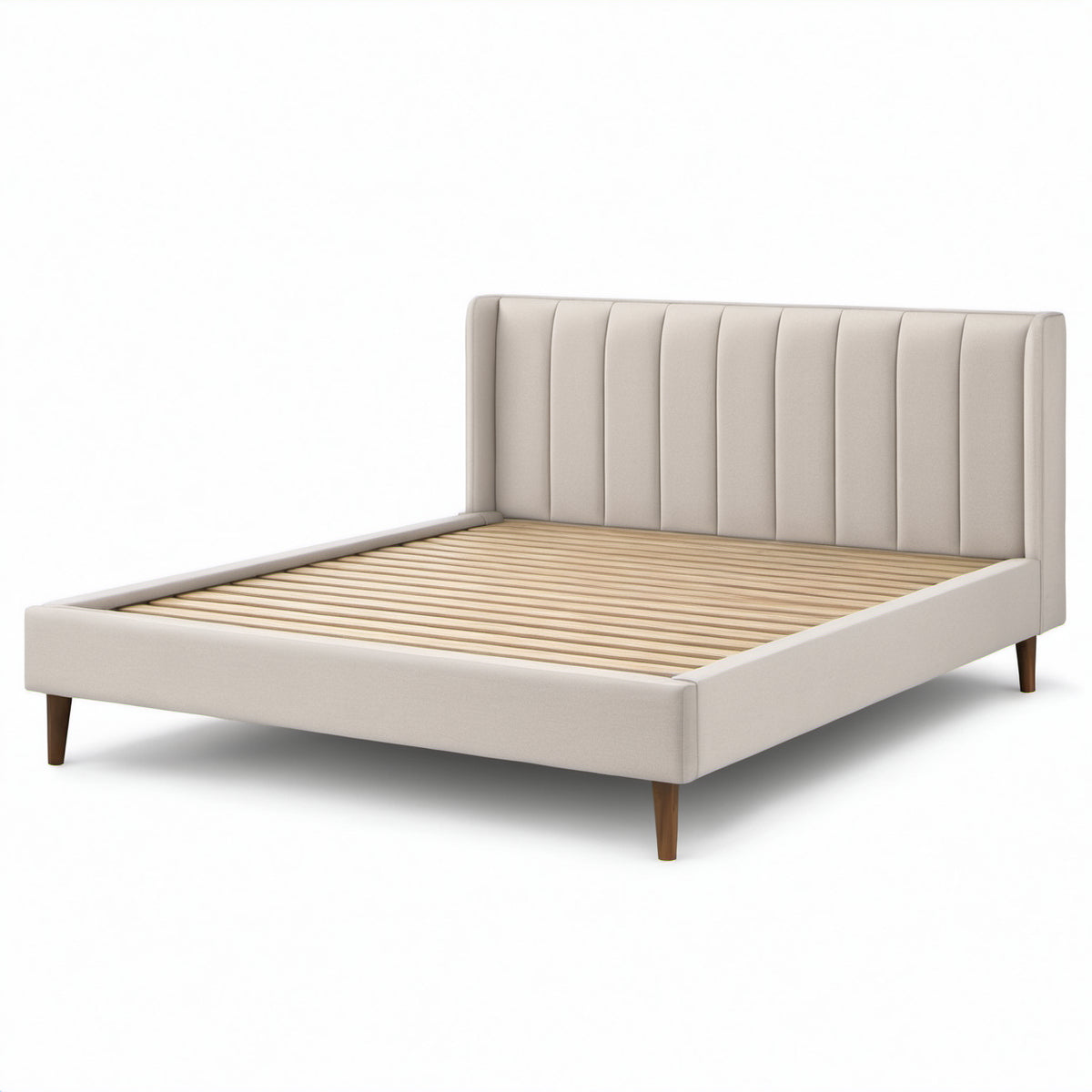 Modernes Polsterbett in Beige/Braun, 180 × 200 cm, mit hohem Kopfteil und Holzlattenrost