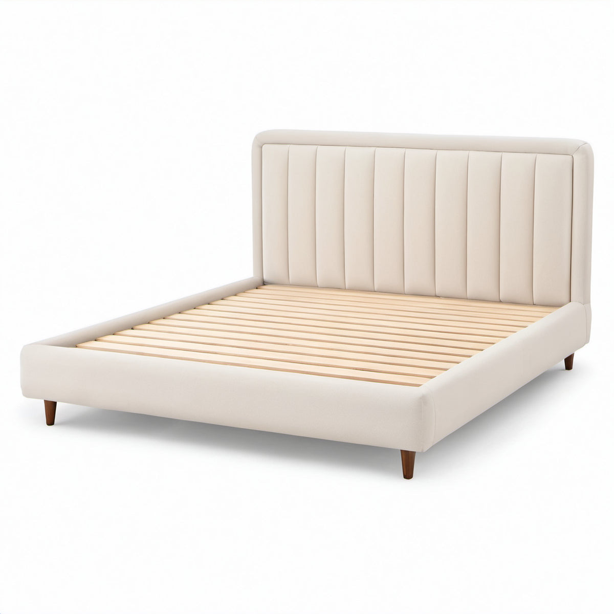 Gepolstertes Bett 160 × 200 cm, Gesamtmaß 218 × 176 × 110 cm, Beige mit braunen Holzfüßen und naturfarbenem Lattenrost
