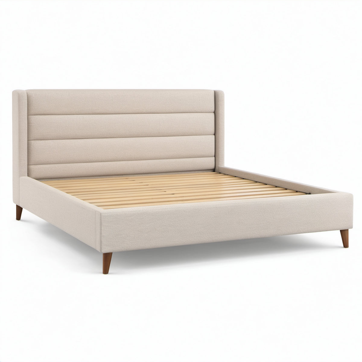 Modernes Polsterbett in Beige, 160 × 200 cm, mit hohem Kopfteil und Holzlattenrost