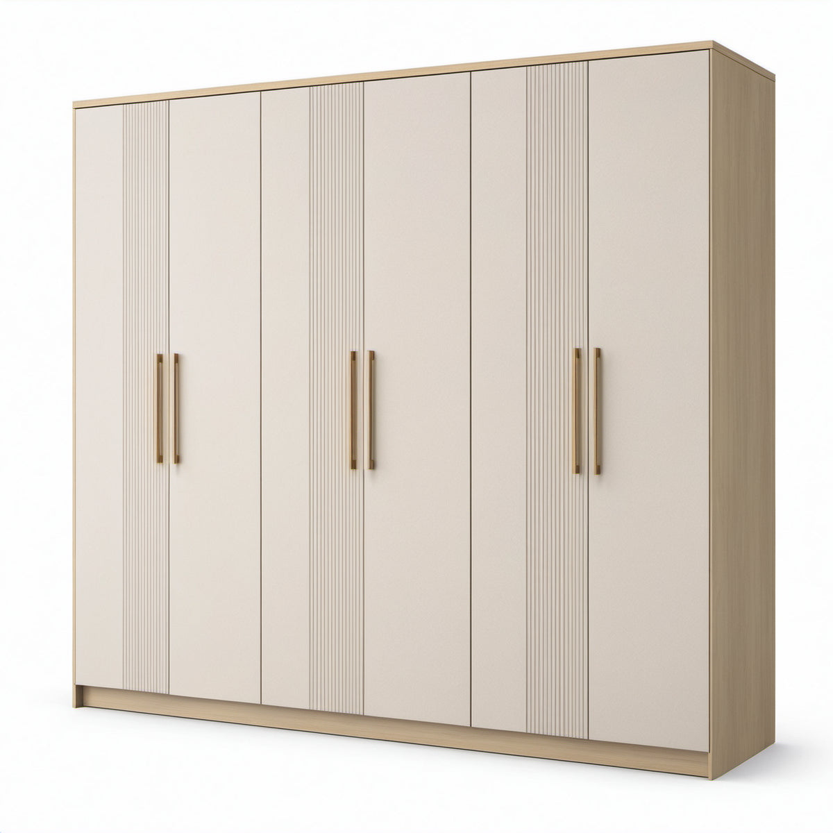 Sechstüriger Kleiderschrank mit Rillenfronten, 240 × 55 × 220 cm, Beige/Natur/Goldfarben