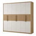 Kleiderschrank mit 6 Drehtüren und Rillenoptik, 270 × 60 × 220 cm, Beige/Eichefarben/Goldfarben