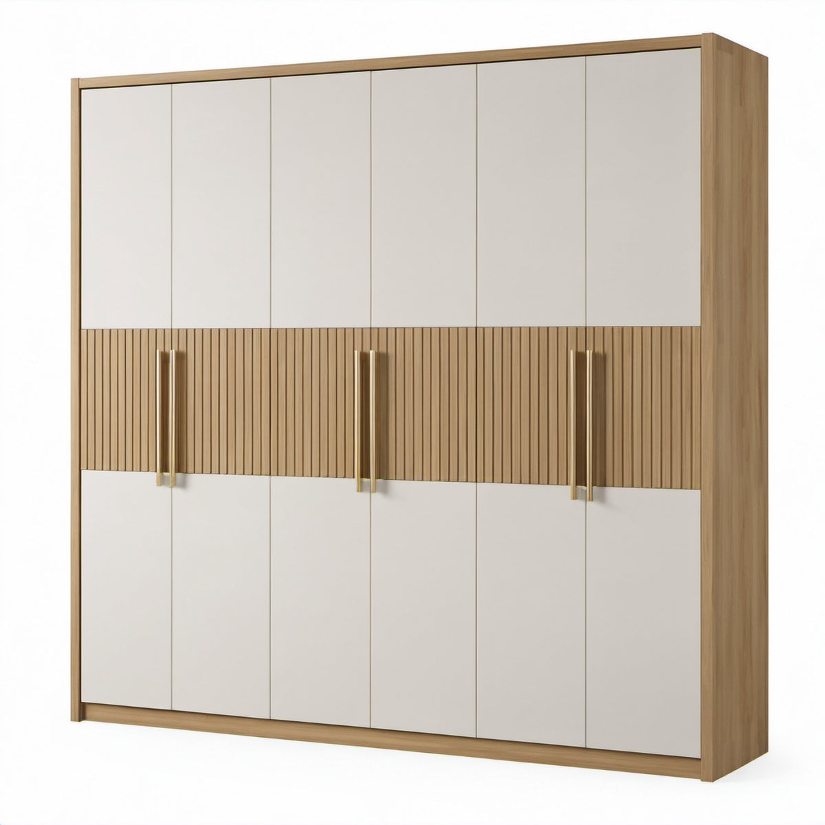 Kleiderschrank mit 6 Drehtüren und Rillenoptik, 270 × 60 × 220 cm, Beige/Eichefarben/Goldfarben