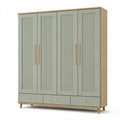 Kleiderschrank mit 4 Türen und 3 Schubladen, Salbeigrün/Eichefarben/Goldfarben, 200 x 55 x 210 cm