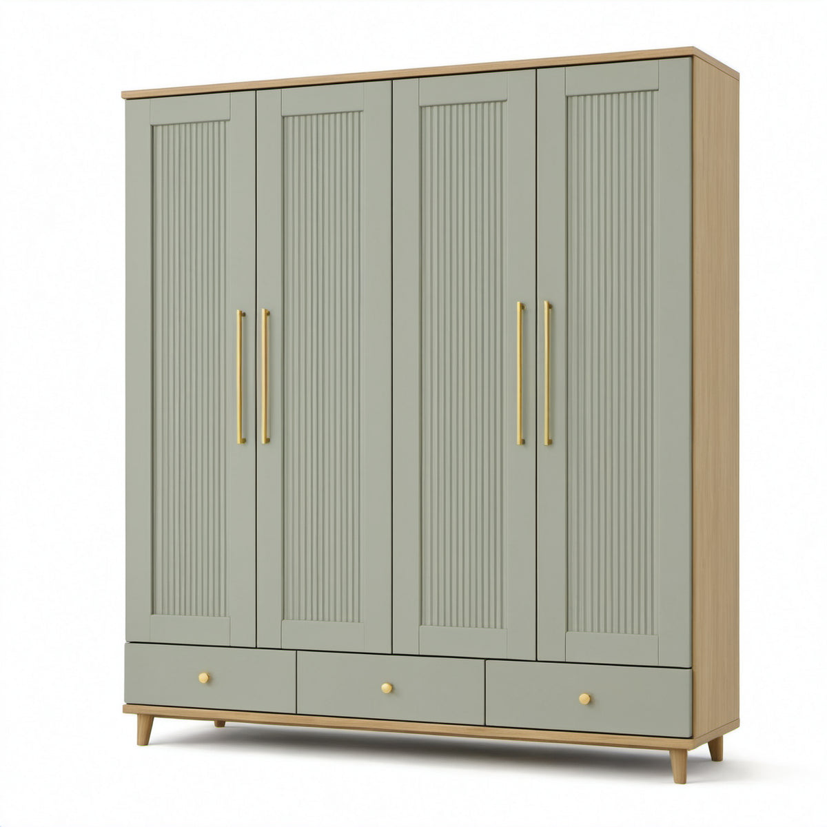 Kleiderschrank mit 4 Türen und 3 Schubladen, Salbeigrün/Eichefarben/Goldfarben, 200 x 55 x 210 cm
