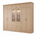 Kleiderschrank in Naturholzoptik mit goldfarbenen Griffen, 280 × 60 × 240 cm, 12 Türen, 3 Schubladen und geriffelten Glaseinsätzen