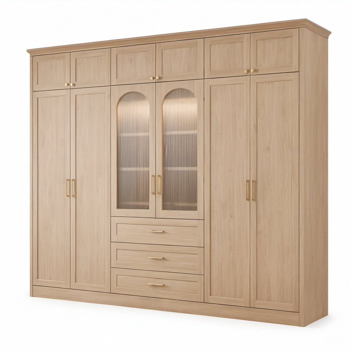 Kleiderschrank in Naturholzoptik mit goldfarbenen Griffen, 280 × 60 × 240 cm, 12 Türen, 3 Schubladen und geriffelten Glaseinsätzen