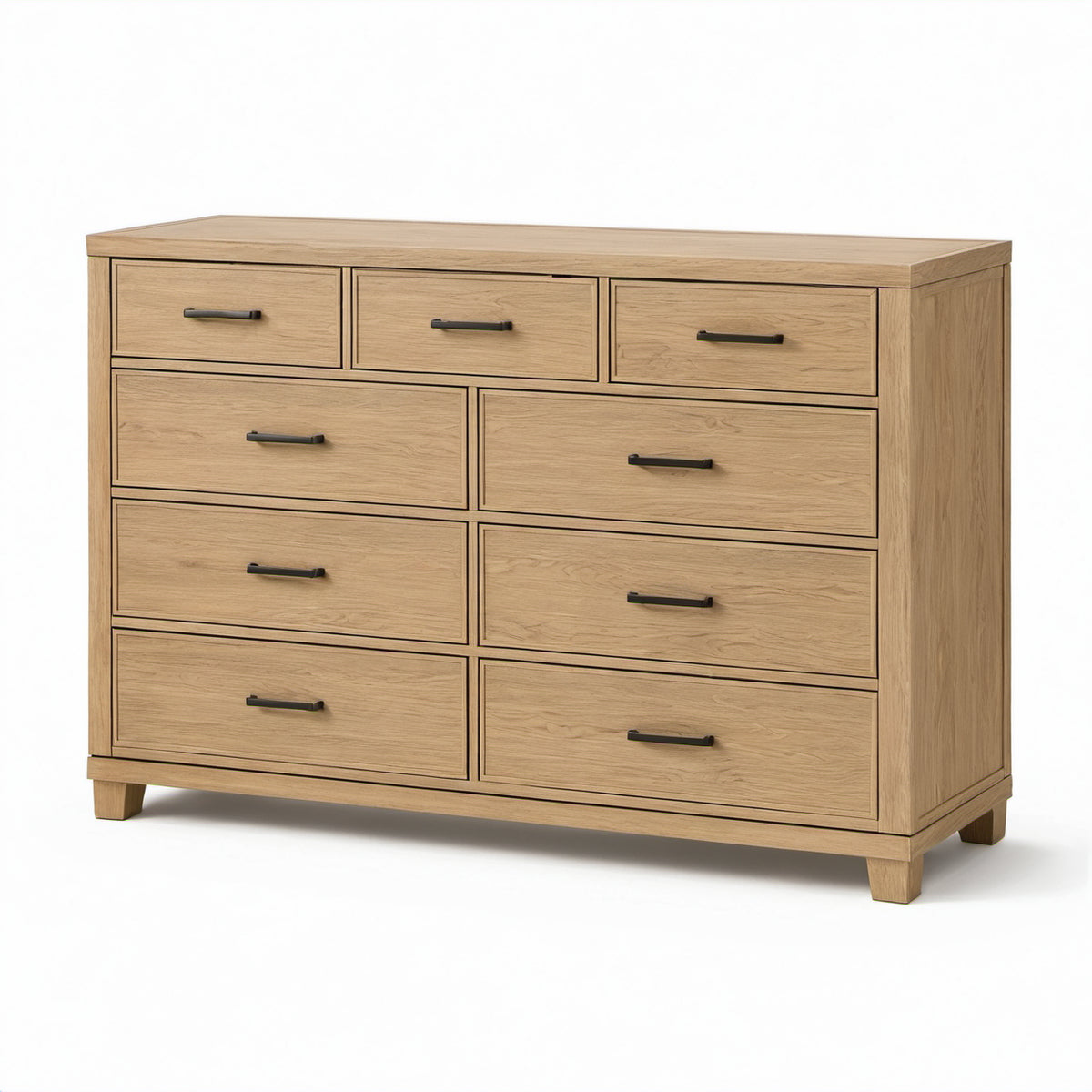 Kommode mit 9 Schubladen, 140 × 45 × 100 cm, Holzwerkstoff, Eichefarben/Schwarz, Landhausstil