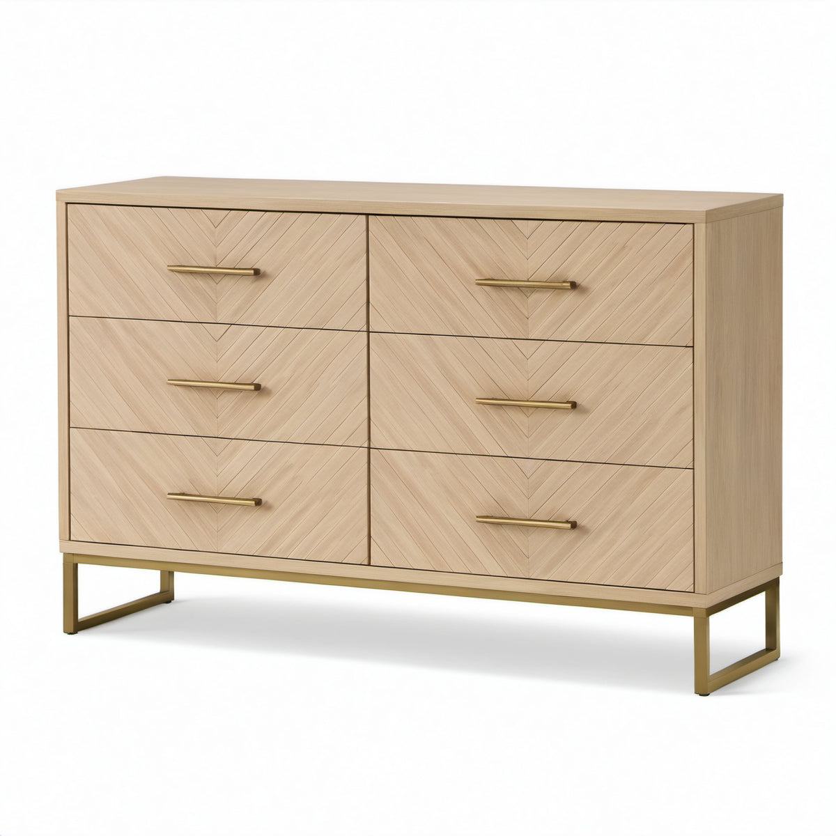 Kommode mit 6 Schubladen und Chevron-Muster, 120 × 40 × 85 cm, Naturholz/Gold