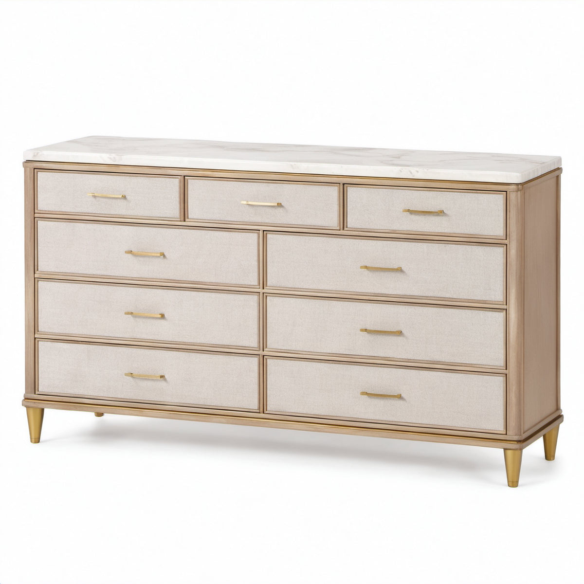 Kommode mit 9 Schubladen, 150 × 45 × 95 cm, Beige/Creme/Gold, Holzwerkstoff, moderner Glamour-Stil