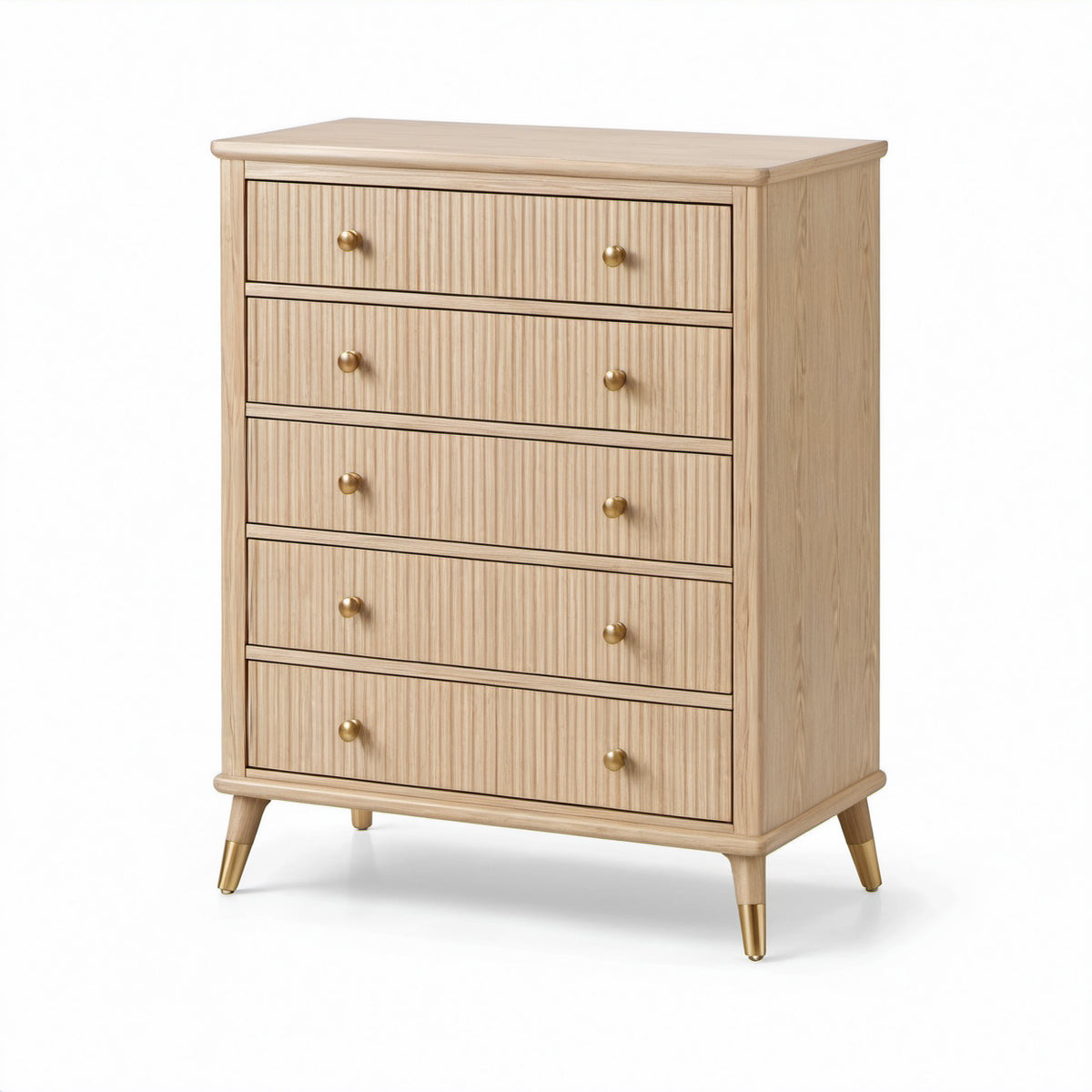 Hohe Kommode aus Holzwerkstoff mit 5 Schubladen und Rillenfronten, Natur/Gold, 80 × 40 × 110 cm