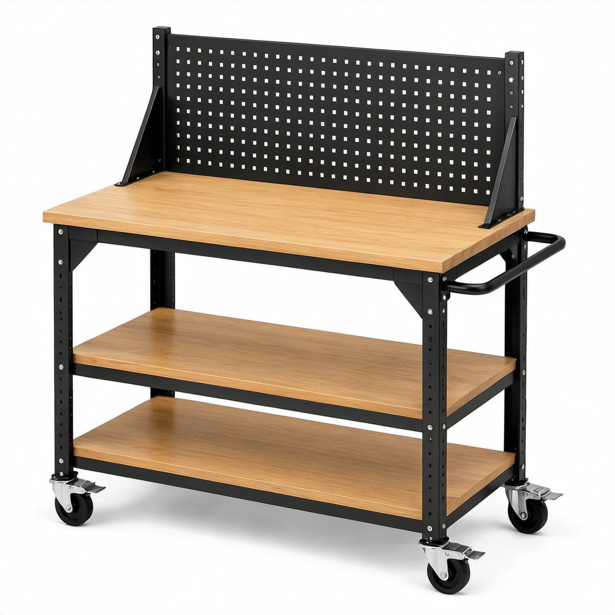 Mobiler Werkstattwagen mit Lochwand und 3 Ablageflächen, Stahl und Holzwerkstoff, Schwarz/Natur, 120 × 60 × 150 cm