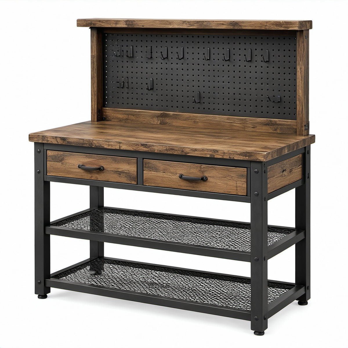 Werkbank mit Lochwand, 2 Schubladen und 2 Gitterablagen, Holzwerkstoff und Stahl, 120 × 60 × 150 cm, Braun/Schwarz
