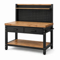 Werkbank aus Stahl und Holz mit Lochwand, 2 Schubladen und Ablagen, 120 × 60 × 155 cm, Schwarz/Braun