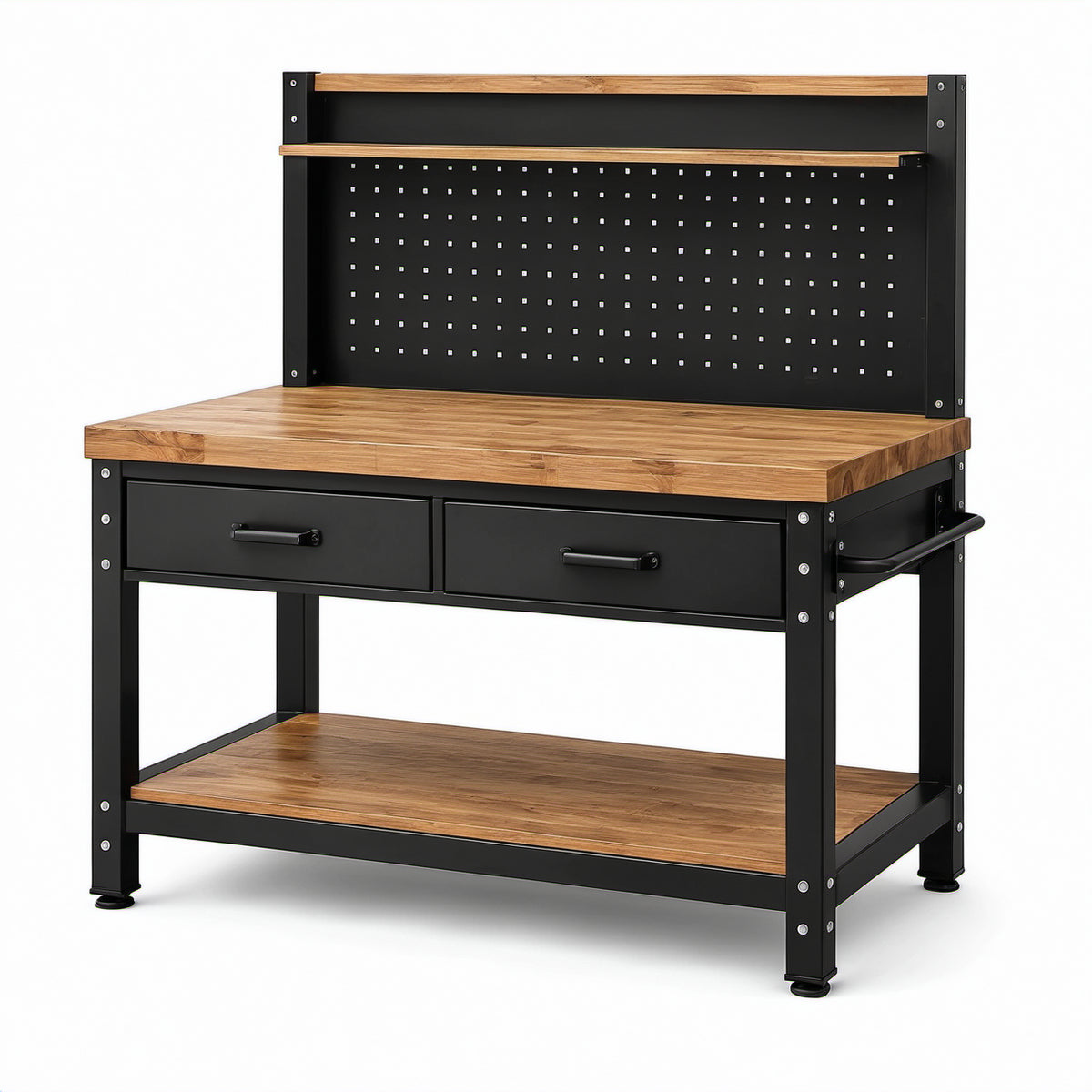 Werkbank aus Stahl und Holz mit Lochwand, 2 Schubladen und Ablagen, 120 × 60 × 155 cm, Schwarz/Braun