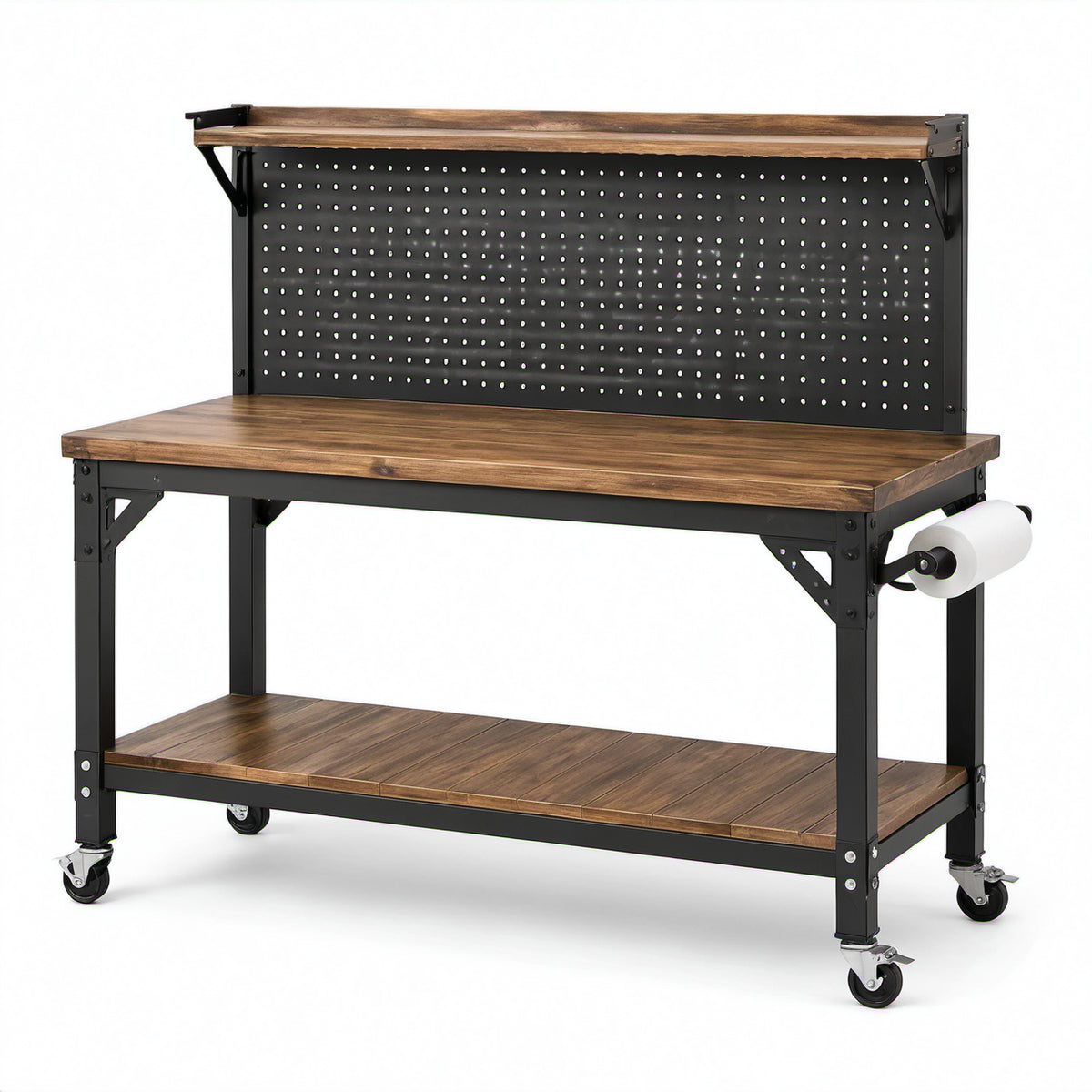 Mobile Werkbank mit Lochwand, Ablagen, Rollen und Papierrollenhalter, 120 × 60 × 150 cm, Braun/Schwarz