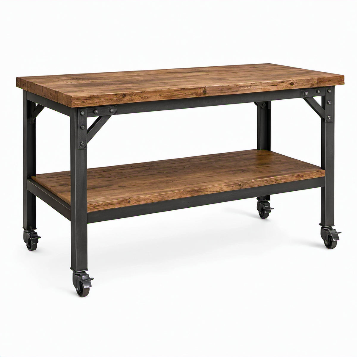 Mobile Werkbank aus Holz und Stahl mit Ablageboden und feststellbaren Rollen, Braun/Schwarz, 120 × 60 × 90 cm