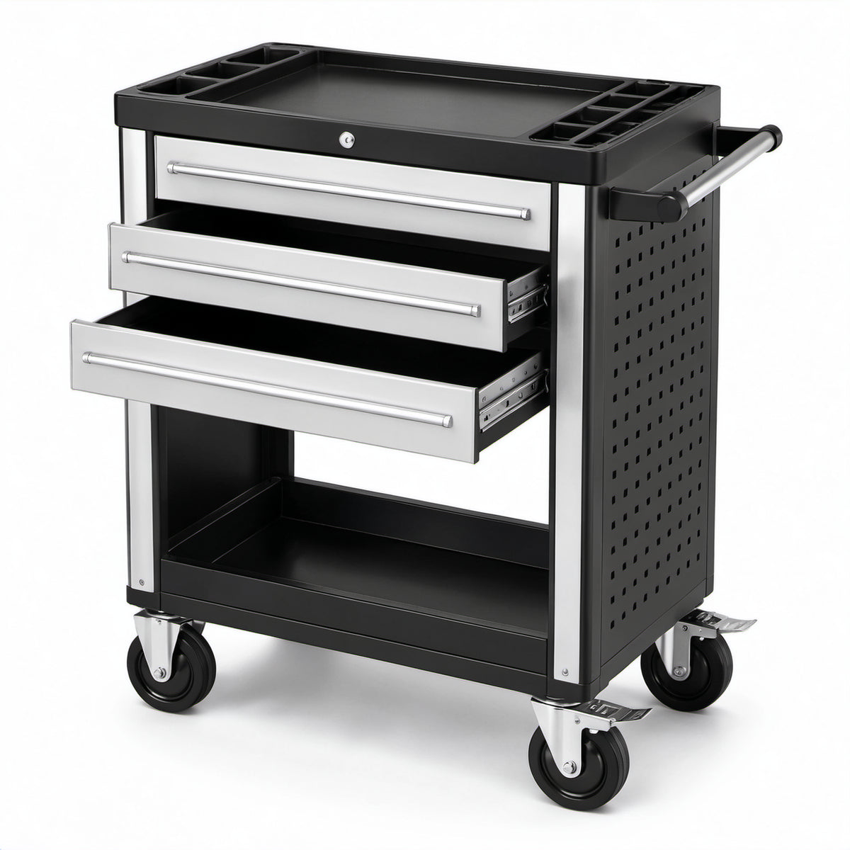 Werkzeugwagen aus Stahl mit 3 Schubladen und 4 Lenkrollen, 80 × 48 × 95 cm, Schwarz/Silber
