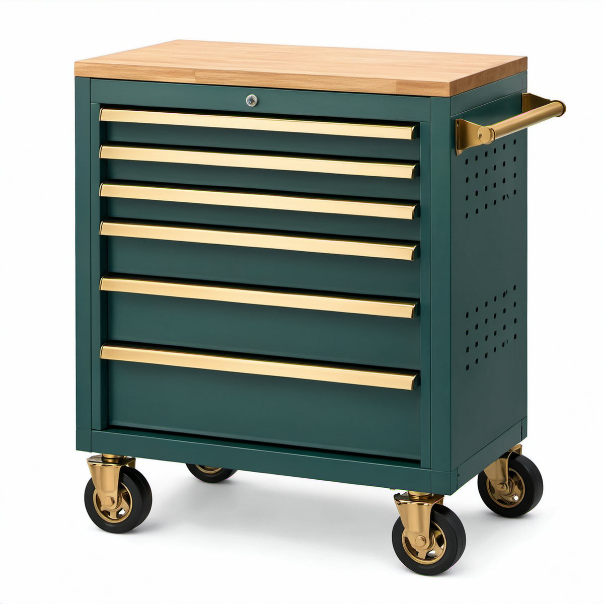 Werkzeugwagen aus Stahl mit Holzarbeitsplatte, 6 Schubladen und 4 Rollen, 77 × 46 × 90 cm, Dunkelgrün/Gold/Natur/Schwarz