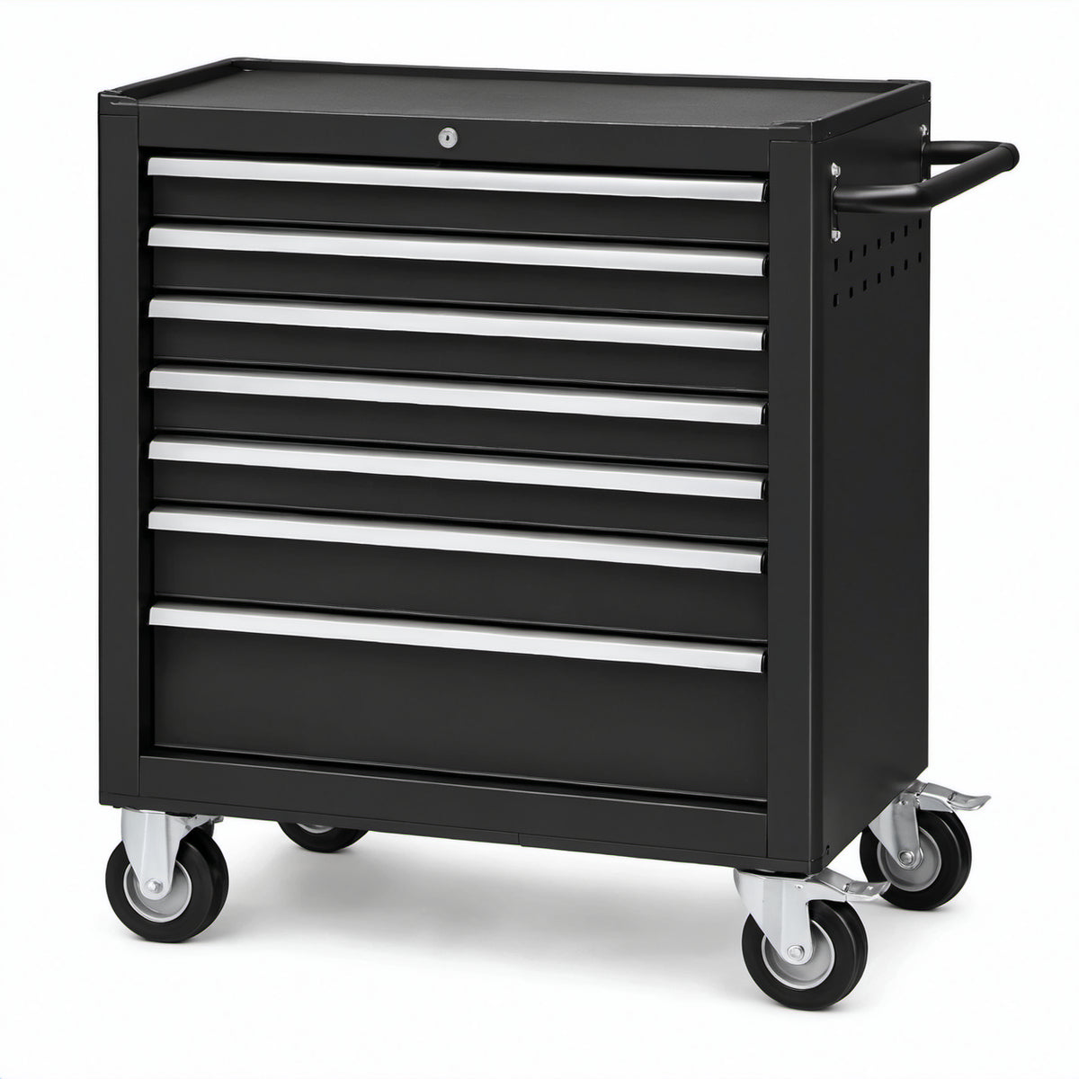 Abschließbarer Werkzeugwagen aus Stahl mit 7 Schubladen und 4 Lenkrollen, 77 × 46 × 97 cm, Schwarz/Silber