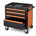 Mobiler Werkzeugwagen aus Stahl mit 4 Schubladen, Rollen und Ablagefächern, 69 × 46 × 85 cm, Schwarz/Orange