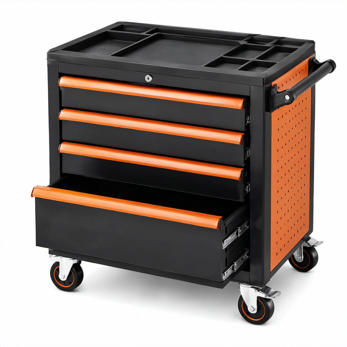 Mobiler Werkzeugwagen aus Stahl mit 4 Schubladen, Rollen und Ablagefächern, 69 × 46 × 85 cm, Schwarz/Orange