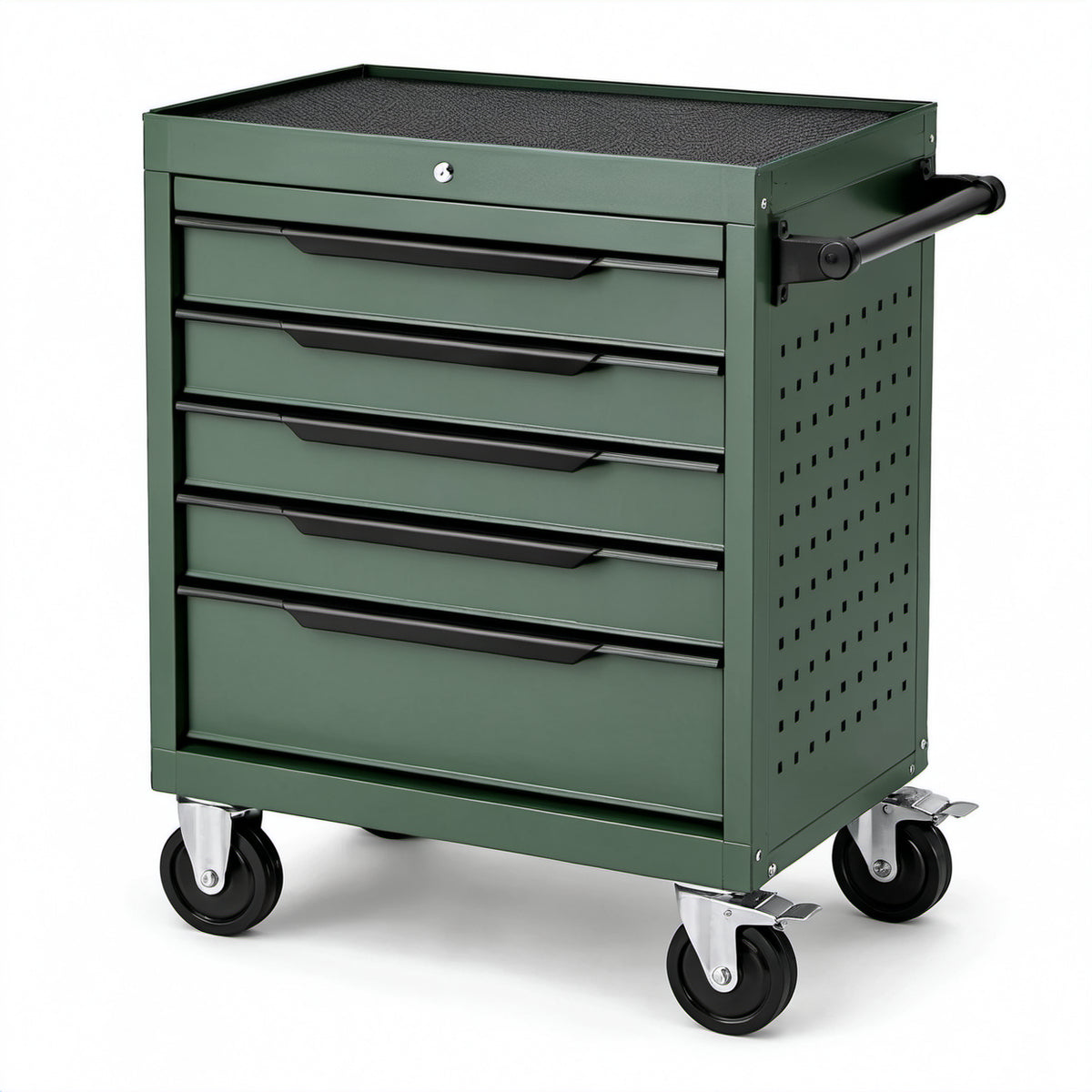 Mobiler Werkstattwagen aus Stahl mit 5 Schubladen und 4 Rollen, 77 × 46 × 95 cm, Dunkelgrün