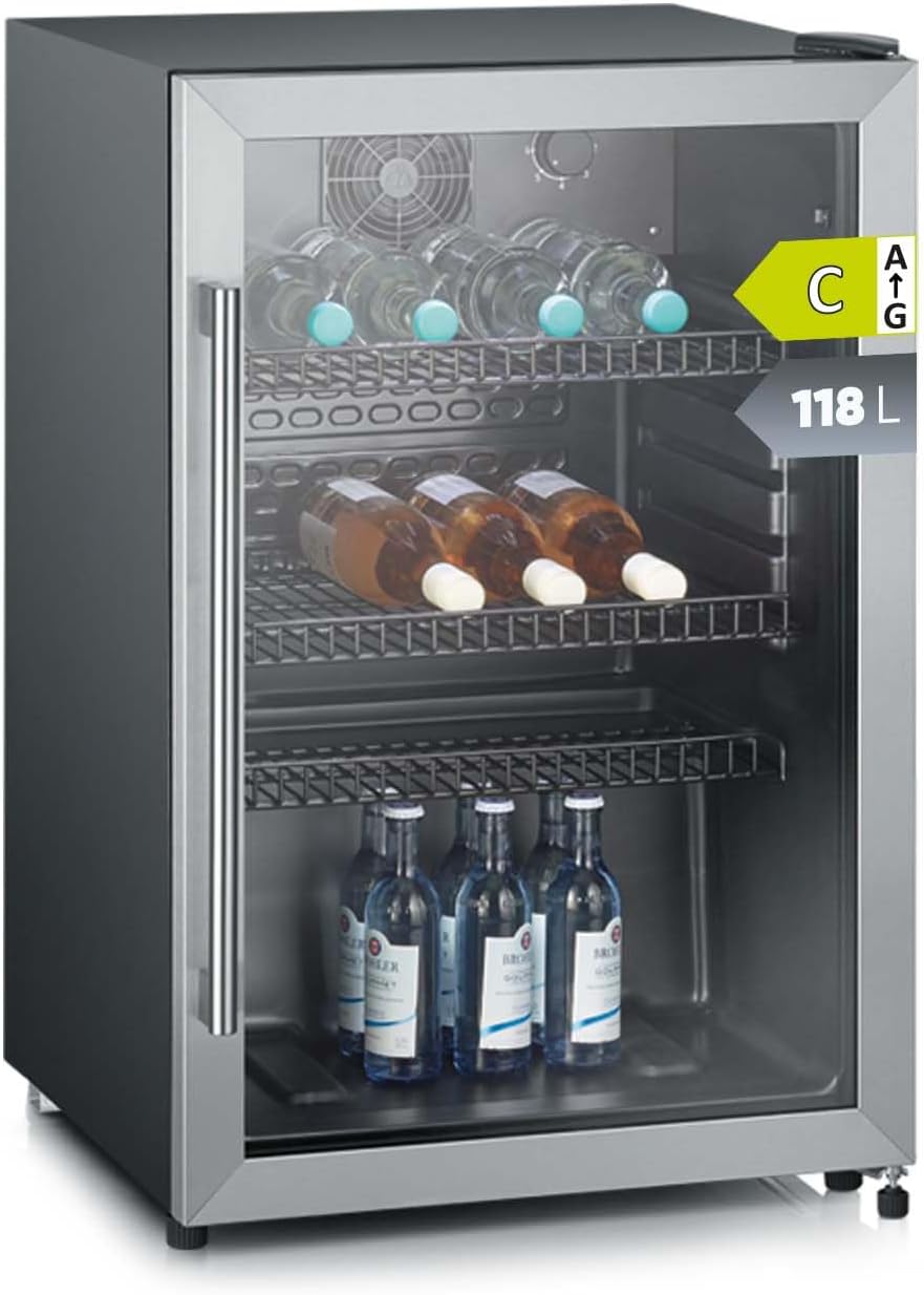 Severin Lodówka, 118 l, 55 cm, Srebrny – stal nierdzewna, regulowana wysokość, oświetlenie LED, 56 butelek – klasa energetyczna C, stojąco-stojąco