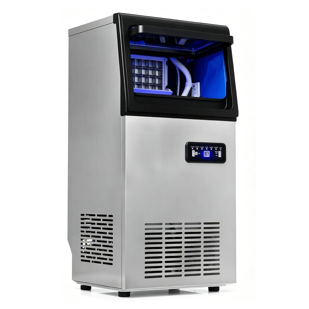 Kostkarka do lodu LIFEZEAL, maszyna do lodu, 50 kg, 35 x 33,5 x 71,5 cm – Srebrny, stal nierdzewna, oświetlenie LED, 50 kg / 24h – licznik czasu