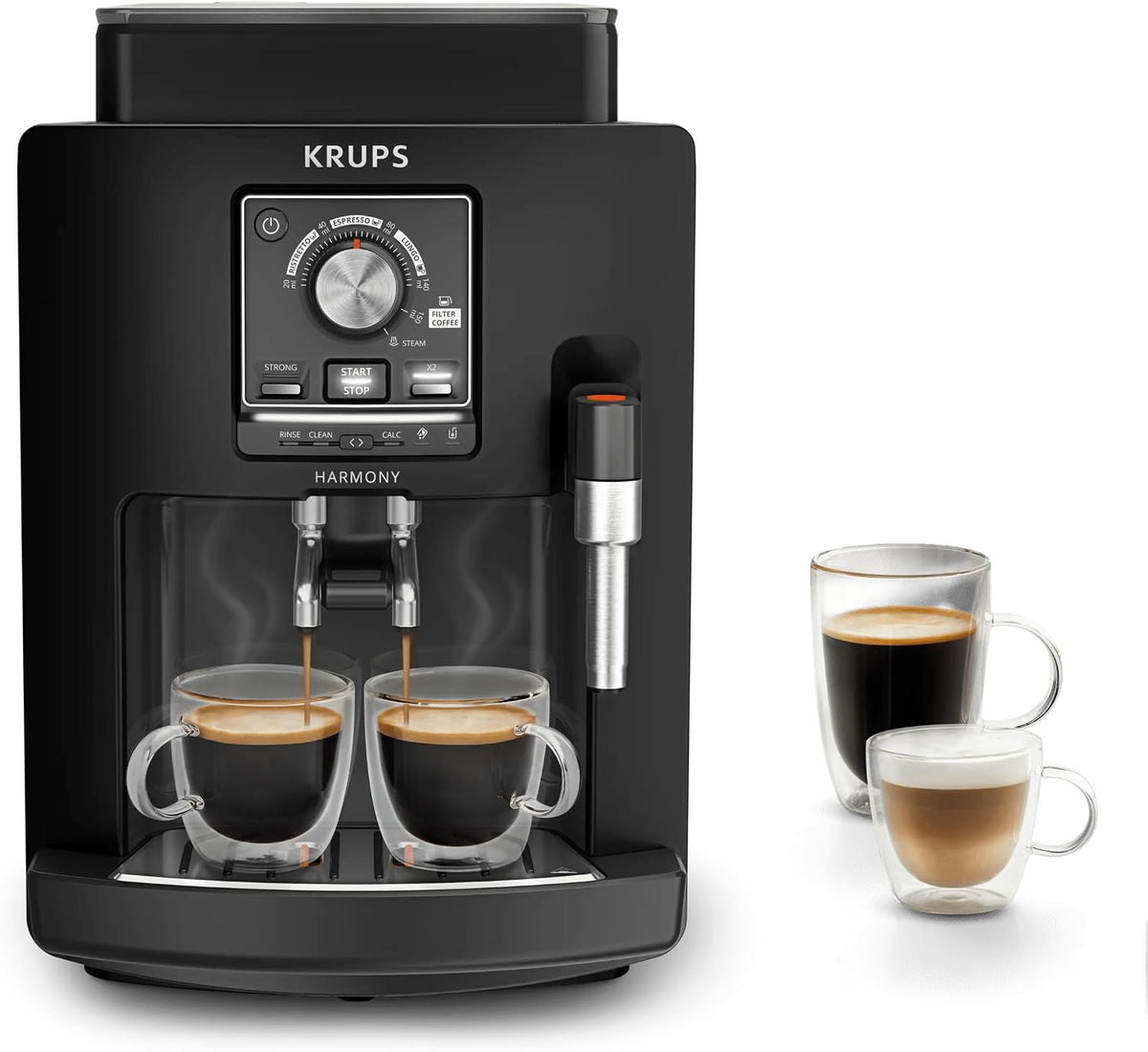 KRUPS Ekspres do kawy – EA5088, Czarny, EA5088 Harmony automatyczny, z dyszą parową – 4 napoje do kawy, automatyczne czyszczenie, 2 filiżanki na raz