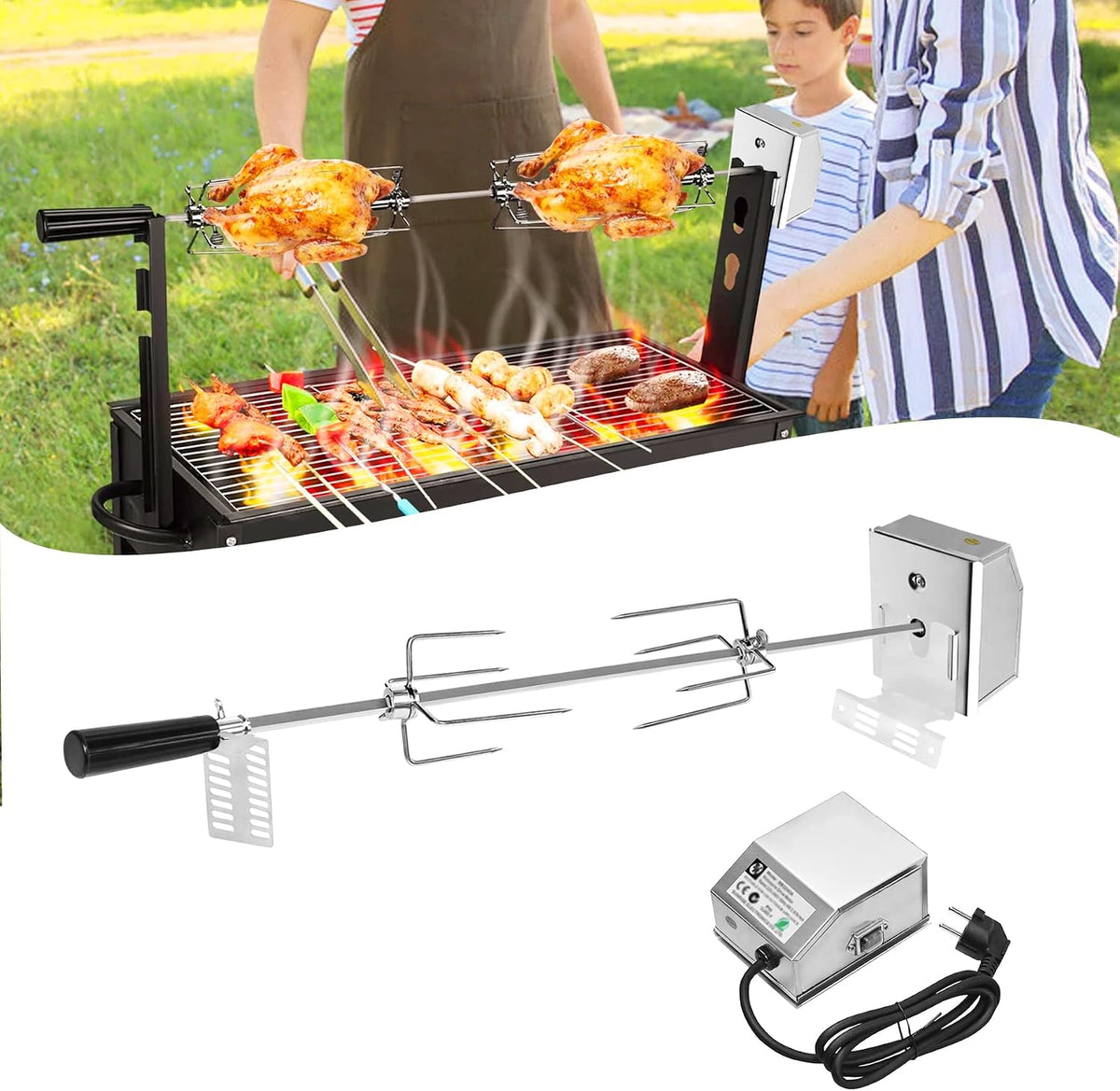 Froadp Grill – 240 V, 107 cm, 10 kg, Srebrny – stal nierdzewna, 220- 240 V, Silnik, do owania z 220- 240 V silnikiem 220-240 V