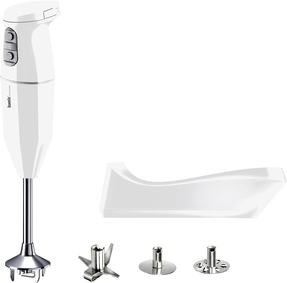 Blender bamix, 250 W, 45 x 30 x 10 cm, 1400 g – Biały, praca bezprzewodowa, Zestaw a ręcznego PLUS cordless ze stacją ładującą, Nożem – Trzepaczką
