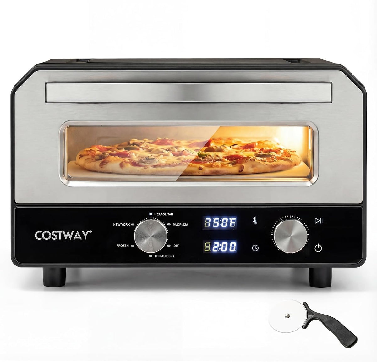 COSTWAY Piec do pizzy – 32 cm, 1700 W, 11.5 l, Czarny / Srebrny – Pizza piekarnik elektryczny, 6 programów, licznik czasu